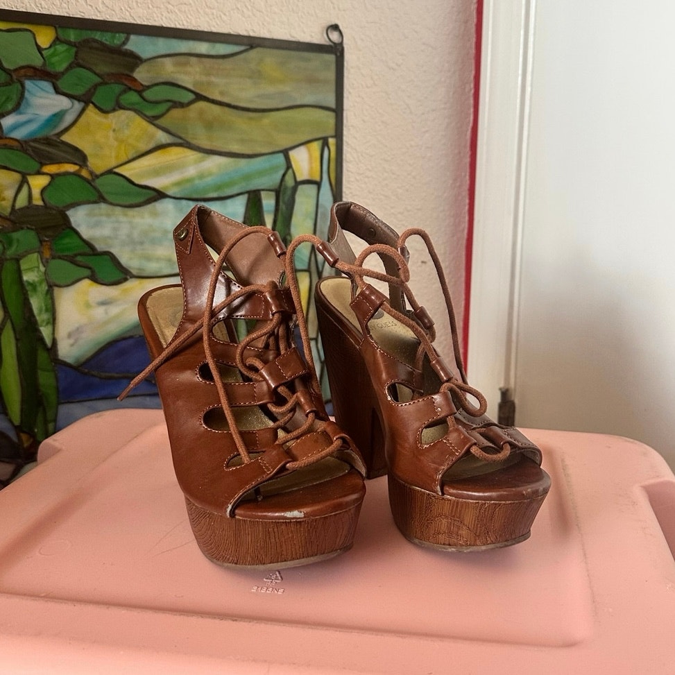 Guess Wood Platform Brown Heels Shoes